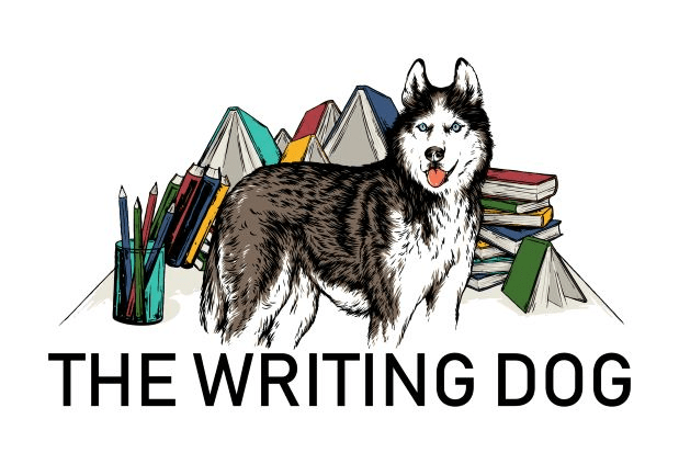 Writing Dog logo with writing tools and books dog with writing tools and books